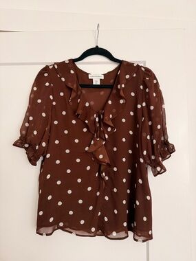 cupcakes & cashmere Brown and White Polka Dot Ruffle Tie-Neck Blouse
